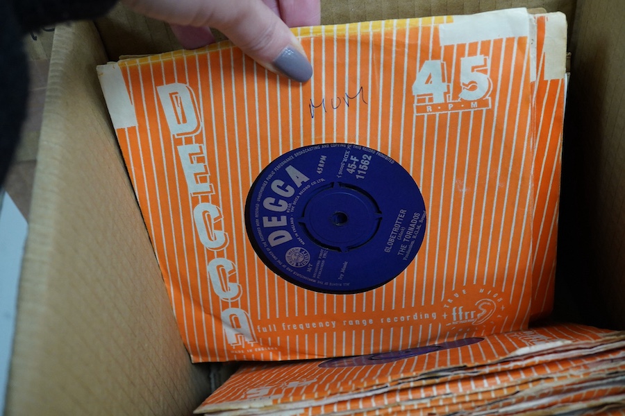 Three boxes of 7 inch singles, all on Decca record label, artists include; Dave Berry, Billy Fury, the Big Three, Chris Ravel, the Sunspots, Max Bygraves, the Tornadoes, Larry Page Orchestra, The Rolling Stones Small Fac